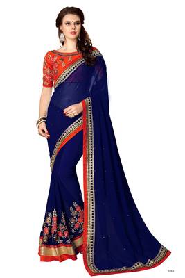 Navy Blue embroidered georgette  Saree With Blouse  1