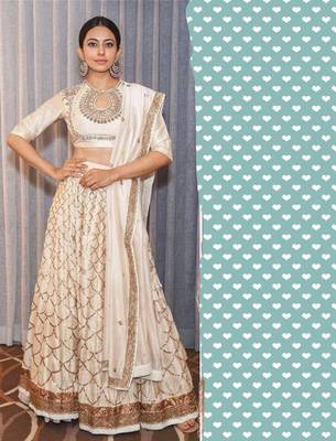 White embroidered satin semi stitched lehenga 1