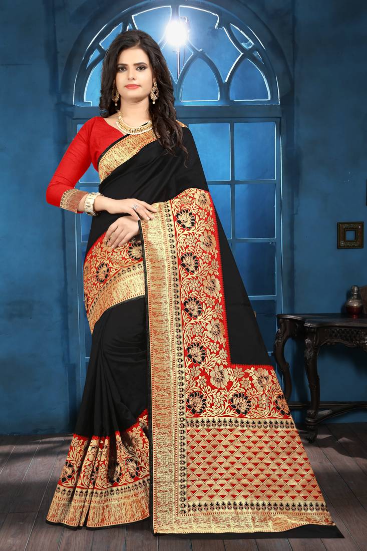 Black woven banarasi saree with blouse