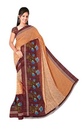 orange printed chiffon saree with blouse 1