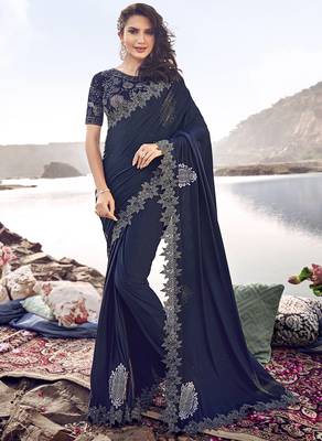 Blue embroidered lycra saree with blouse 1