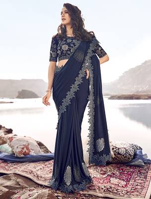Blue embroidered lycra saree with blouse 2