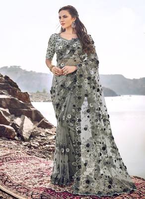 Mehendi embroidered net saree with blouse 1