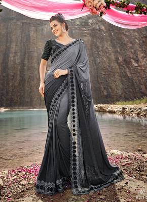 Grey embroidered lycra saree with blouse 1