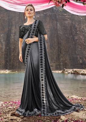 Grey embroidered lycra saree with blouse 2