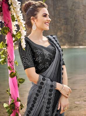 Grey embroidered lycra saree with blouse 3
