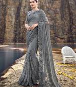 Grey Embroidered Net Saree With Blouse