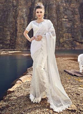 White embroidered net saree with blouse 1