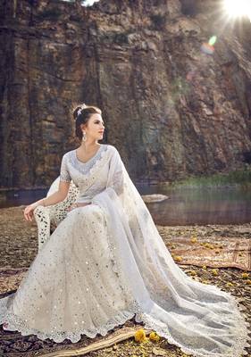 White embroidered net saree with blouse 2