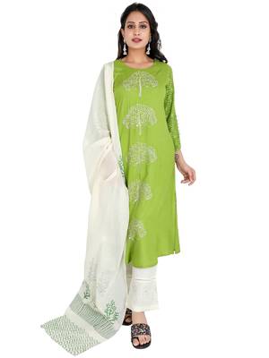 Women's Rayon Embroidery Kurta Palazzo with Dupatta Set, Green 1