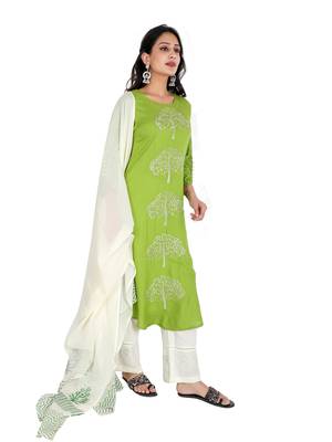 Women's Rayon Embroidery Kurta Palazzo with Dupatta Set, Green 2