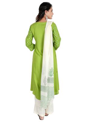 Women's Rayon Embroidery Kurta Palazzo with Dupatta Set, Green 3