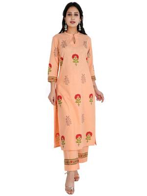Women's Straight Printed Kurta with Palazzo Set, Peach 1