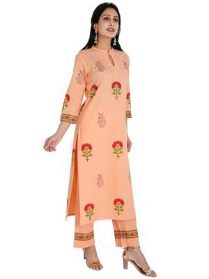 Women's Straight Printed Kurta with Palazzo Set, Peach 2