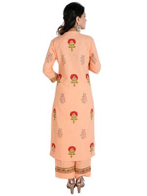 Women's Straight Printed Kurta with Palazzo Set, Peach 3
