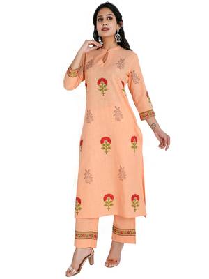Women's Straight Printed Kurta with Palazzo Set, Peach 4