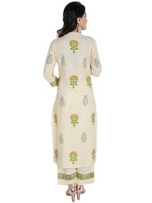 Women's Straight Printed Kurta with Palazzo Set, Yellow 3