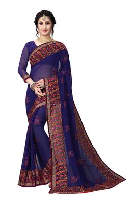Navy Blue Embroidered Georgette Saree With Blouse 1
