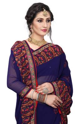 Navy Blue Embroidered Georgette Saree With Blouse 2