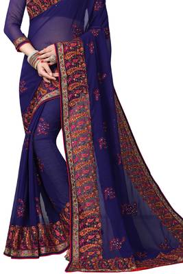 Navy Blue Embroidered Georgette Saree With Blouse 3