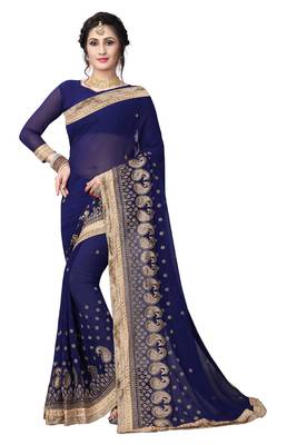 Navy Blue Embroidered Georgette Saree With Blouse 1