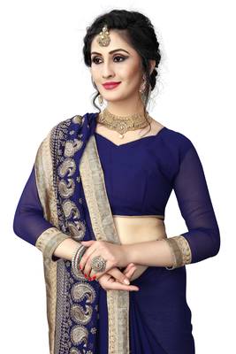 Navy Blue Embroidered Georgette Saree With Blouse 2