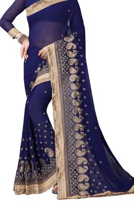 Navy Blue Embroidered Georgette Saree With Blouse 3