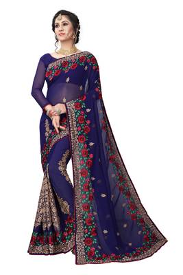 Navy Blue Embroidered Georgette Saree With Blouse 1