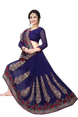 Navy Blue Embroidered Georgette Saree With Blouse 2