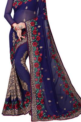 Navy Blue Embroidered Georgette Saree With Blouse 3
