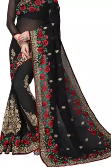 Black Embroidered Georgette Saree With Blouse