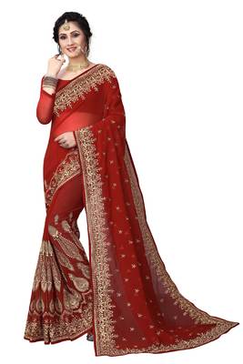 Maroon Embroidered Georgette Saree With Blouse 1