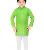 Green woven cotton boys-kurta-pyjama