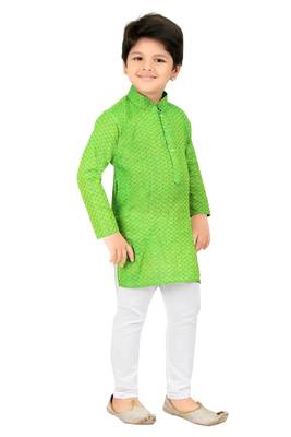 Green woven cotton boys-kurta-pyjama 3