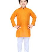 Yellow woven cotton boys-kurta-pyjama