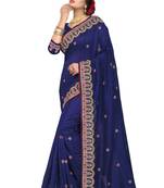 Navy Blue Embroidered Silk Saree With Blouse