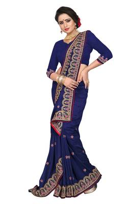 Navy Blue Embroidered Silk Saree With Blouse 2