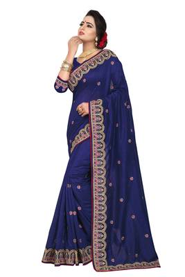 Navy Blue Embroidered Silk Saree With Blouse 3