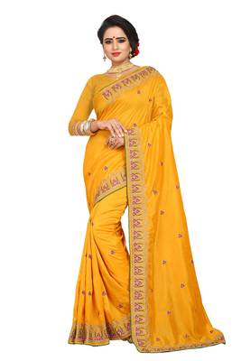Mustard Embroidered Silk Saree With Blouse 1