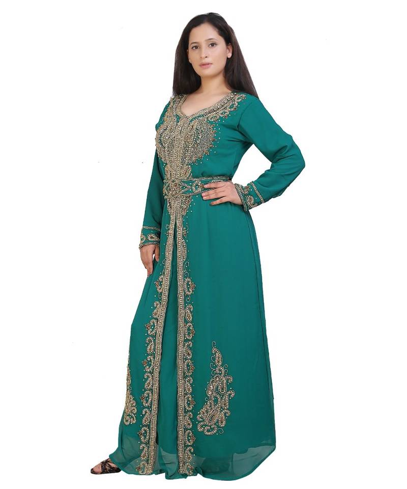 green georgette embroidered zari work islamic-kaftans