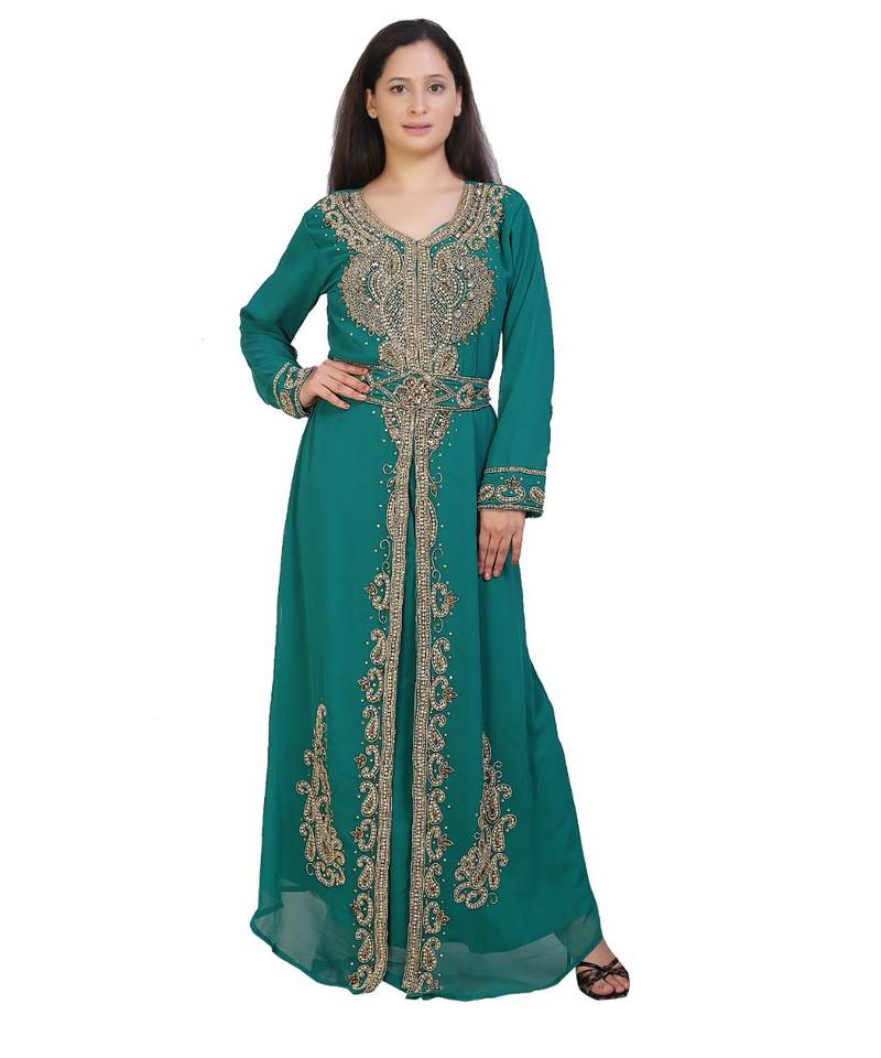 green georgette embroidered zari work islamic-kaftans