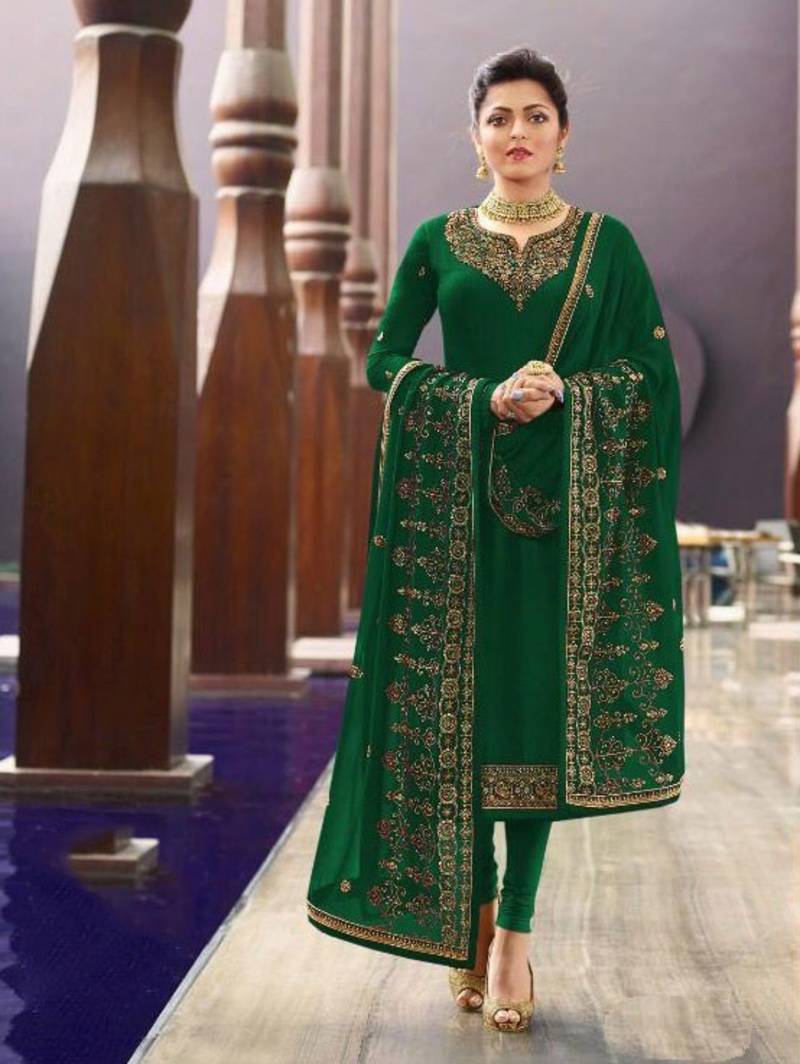 Green Satin Georgette Party Wear Suit