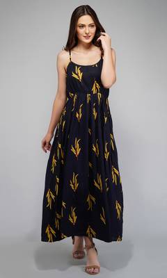 Navy-blue printed viscose rayon maxi-dresses 1