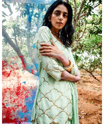 Rati green embroidered cotton silk kurta-sets 4