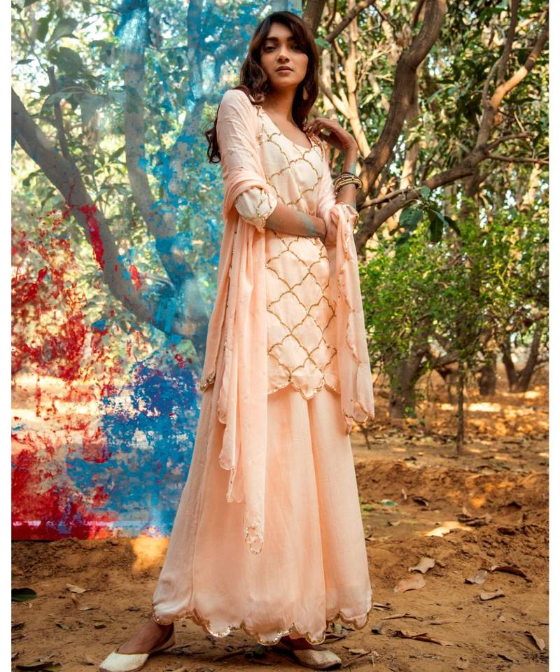Geha Peach embroidered cotton silk kurta-sets