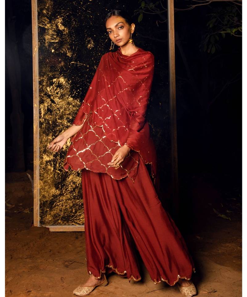 Nitya maroon embroidered cotton silk kurta-sets