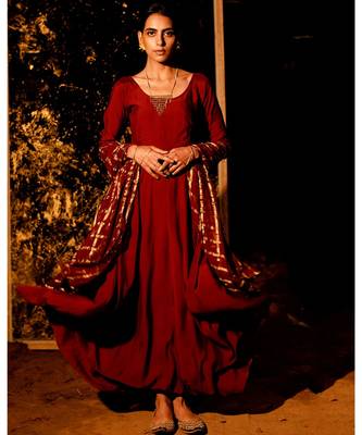 Datri maroon embroidered cotton silk kurta-sets 1