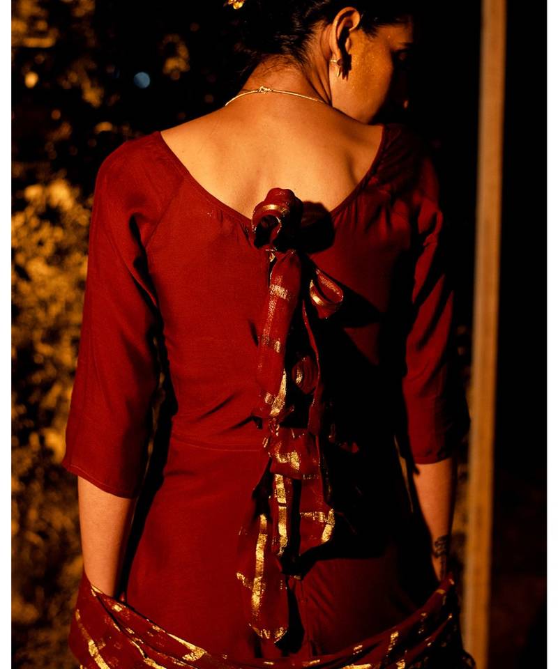 Datri maroon embroidered cotton silk kurta-sets