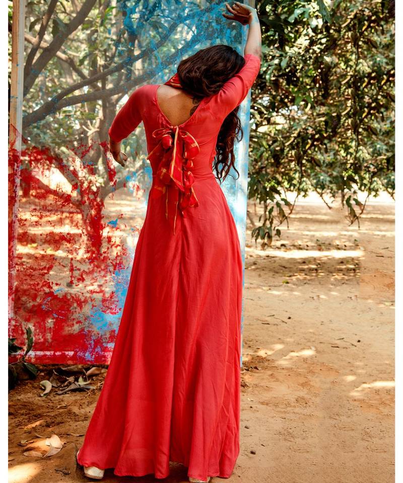 Radhya orange embroidered cotton silk kurta-sets