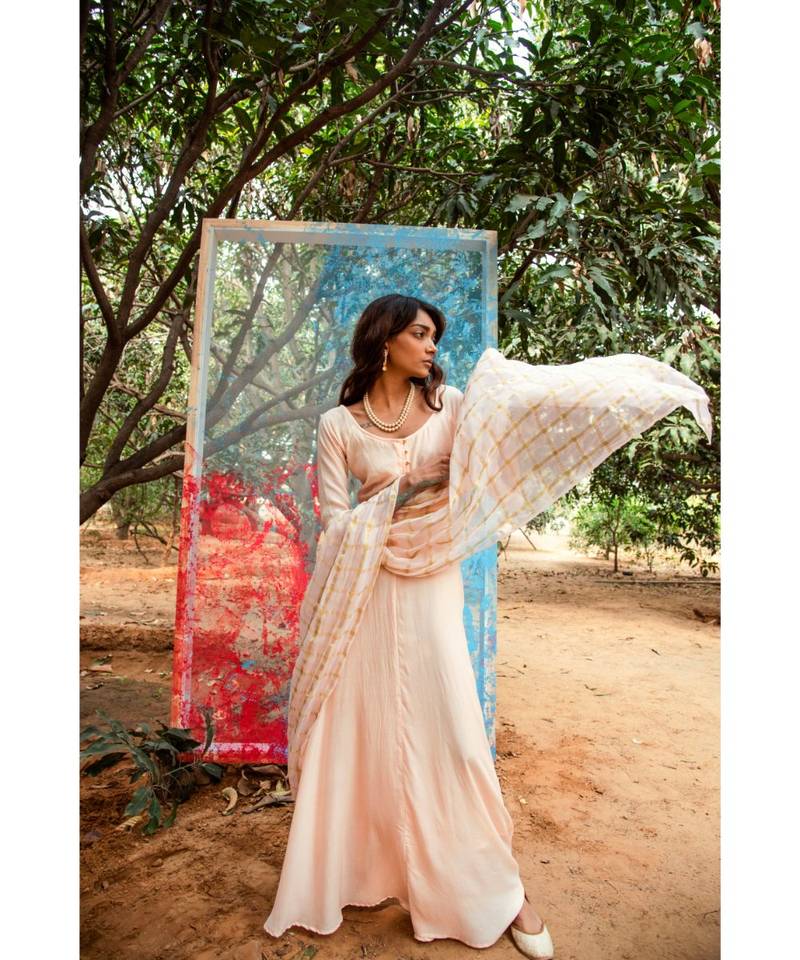 Tanuh Peach embroidered cotton silk kurta-sets